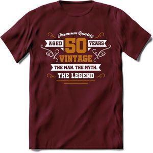 50 Jaar Legend T-Shirt | Goud - Wit | Grappig Verjaardag en Feest Cadeau Shirt | Dames - Heren - Unisex | Tshirt Kleding Kado | - Burgundy - M