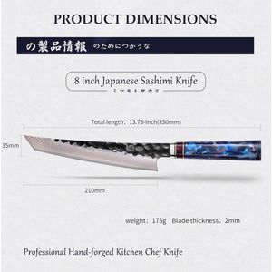 21cm Japans Koksmes, Handgesmeed Tricolour Copper Damascus Stalen Keukenmessen, Professioneel Vlees Sushi Koksmes (Blauw Kunsthars Handvat en Geschenkverpakking)