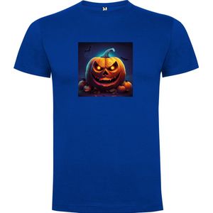 Kobalt Blauw T-Shirt met “ Kleurrijke Halloween Spooky Pompoen Face “ Print Full Color Maat 4XL