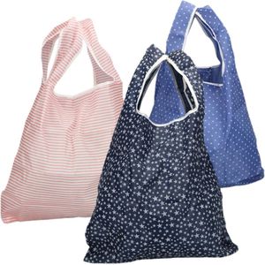 3x opvouwbare boodschappentas in verschillende kleuren met strepen, sterren en stippen van nylon, boodschappentas in een transporttas (03 stuks - zwart. blauw. roze)