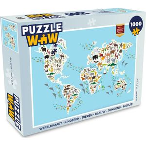 Puzzel Wereldkaart - Kinderen - Dieren - Blauw - Jongens - Meisjes - Legpuzzel - Puzzel 1000 stukjes volwassenen