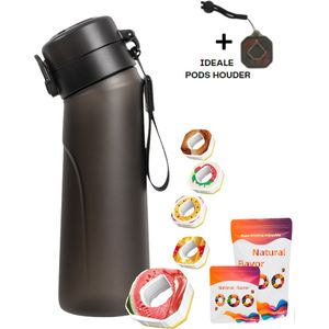 Jourz Geur Waterfles - Drinkfles - Waterfles - Air Water - Geurwater - Incl. 5 pods - Mix smaken - Watermeloen - Cola - Bosvruchten - Aardbei - Passievrucht - Geschikt voor Air Up & Jourz Geur Waterfles - Hydrated Up - Zwart - 650ml - Met podshouder