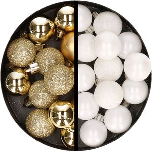 Kerstballen 34x st - 3 cm - goud en wit - kunststof