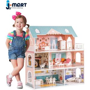 J-Mart Houten Poppenhuis met 3 Verdiepingen - Poppenhuis met 5 Kamers en Balkon - Incl. 28 Meubels (Zie foto) - 61 x 23.5 x 65 cm