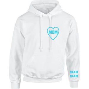 Hoodie dames-wit-lichtblauwe tekst voor mama-met op de mouw de naam/namen van je kind/eren-Maat Xxl