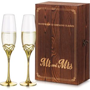 Champagneglazen Geldcadeau Bruiloft - Set van 2 Gouden Champagneglazen met Houten Geschenkdoos Gepersonaliseerde Kristallen Glas voor Mr Mrs Bruiloften Verloving Verjaardag Verjaardagsfeestje