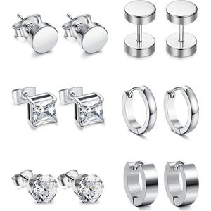 6 Paar Rvs CZ Stud Oorbellen voor Vrouwen en Mannen