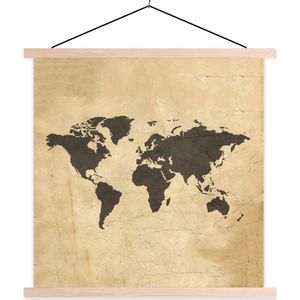 Posterhanger incl. Poster 90x90 cm - Schoolplaat - Wereldkaart - Kleuren - Bruin - Textielposter - Blanke latten