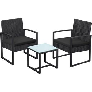 SONGMICS Tuinmeubelset, set van 3, gemaakt van polyrattan, voor buiten, terras, balkon, tuin, eenvoudige montage, bijzettafel en 2 stoelen, zwart-beige GGF010M01