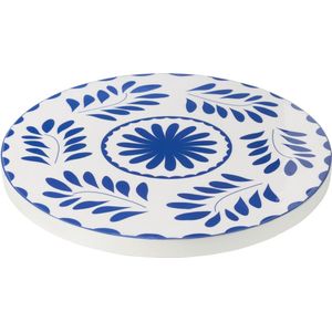 J-Line plateau Rond Bloemen - hout - blauw/wit
