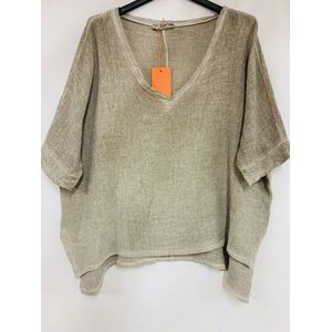 Linnen top met korte mouwen en v-hals – kleur TAUPE - one size