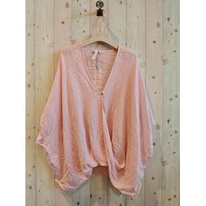 Hammam Linnen blouse - oversized - omarmend - met knoppen - korte mouwen - BABY ROZE kleur