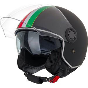 VINZ Varese Jethelm met dubbel vizier / Scooterhelm / Helm met Italiaanse vlag / Snorfiets Helm Snorscooter - Mat Zwart