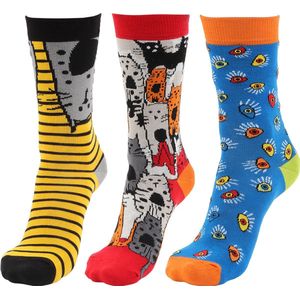 BiggDesign - Katten En Meerkleurige sokken – Multipack - 3 Paar - Maat 36-40 - valentijnsdag cadeau