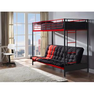 Hoogslaper 90 x 190 cm - Met slaapbank - Metaal - Zwart en rood + Futon - MODULO V L 198 cm x H 170 cm x D 96 cm