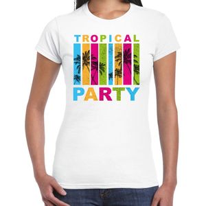 Toppers - Bellatio Decorations Tropical party T-shirt voor dames - palmbomen - wit - carnaval/themafeest S