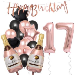 17 Jaar Verjaardag Cijferballon 17 - Feestpakket Snoes Ballonnen Pop The Bottles - Rose Zwart Versiering