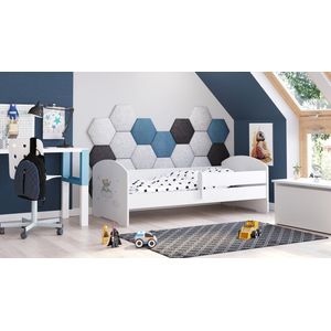 Kinderbed Luk 160x80 met grafische elementen voor kinderen en een balustrade, inclusief matras en onderstel