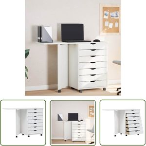 The Living Store Ladekast met bureau MOSS verrijdbaar massief grenenhout wit - Verrijdbare Kast - Houten Kast - Grenenhout Kast - Opbergkast - Buro Kast