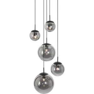 Hanglamp Bollique | 5 lichts | zwart / smoke | glas / metaal | 130 cm lang | Ø 40,5 cm | eetkamer / woonkamer lamp | modern / sfeervol design