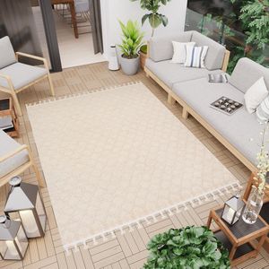 Tapiso Vloerkleed Outdoor Beige Buiten Trellis Terras Tuin Franjes Tapijt Maat- 120x170