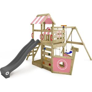 WICKEY speeltoestel klimtoestel SeaFlyer met schommel & pastelroze glijbaan, outdoor klimtoren voor kinderen met zandbak, ladder & speelaccessoires voor de tuin