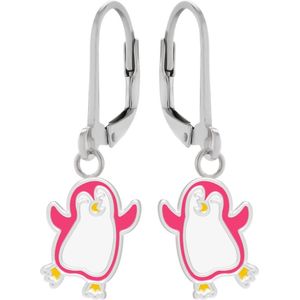 Oorbellen meisje | Zilveren kinder oorbellen | Zilveren oorhangers, roze dansende pinguin