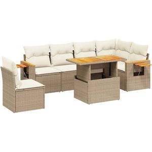 The Living Store 7-delige Loungeset met kussens poly rattan beige - Loungebank - Lounge Set - Buitendecoratie - Tuinmeubels - PE Rattan