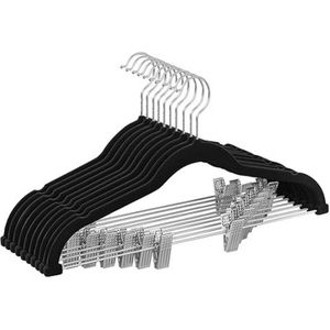 Trouser Hangers, set van 10 fluwelen hangers met verstelbare clips, 42,5 cm lang, niet-slip, ruimtebesparende, voor rokken, jassen, jurken, zwarte
