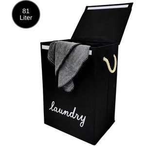 Janse® Wasmand zwart met wit - Stevige opvouwbare wasmand met deksel - 81 Liter - Met handvatten - Laundry basket - Badkamer organizer - Opbergbak - Ruime wassorteerder