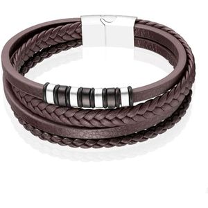 Mendes Jewelry Roestvrijstalen en Echt Lederen Heren Armband in Bruin-23cm