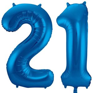 Ballon Cijfer 21 Jaar Blauw 36Cm Verjaardag Feestversiering Met Rietje