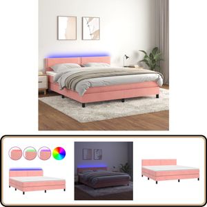 vidaXL Boxspring Roze 160x200 cm met LED en Matras Boxspring Bed - Fluweel Bed - Roze Bed - Led Bed - King Size Bed