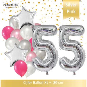 Cijfer Ballon 55 Jaar Zilver Roze White Pearl Boeket * Hoera 55 Jaar Verjaardag Decoratie Set van 15 Ballonnen * 80 cm Verjaardag Nummer Ballon * Snoes * Verjaardag Versiering * Verjaardag Decoratie * Silver Pink Pearl White* Nummer Ballon 55