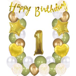 Snoes Ballonnen 1 Jaar Wit Olijf Goud Mega Ballon - Compleet Feestpakket 1 Jaar - Verjaardag Versiering Slinger Happy Birthday – Folieballon – Latex Ballonnen - Helium Ballonnen - Olive Green Verjaardag Decoratie