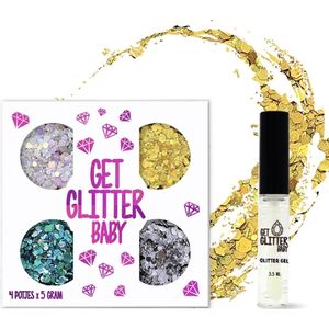 GetGlitterBaby® - Glitter Set Chunky Festival Glitters voor Lichaam en Gezicht Glitterset Tattoo / Face Body Glitterlijm Set / Gel Glittergel - 4 Potjes - en Glitter Lijm HuidLijm Zilver / Goud / Blauw / Groen / Zwart