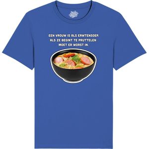 Een vrouw is als erwtensoep - Grappige Tekst Shirt - Mannen Vrouwen Unisex Kleding - Leuke Teksten - Verjaardag Cadeau Idee - Unisex T-Shirt - Royal Blauw - Maat M