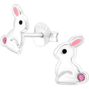 Joy|S - Zilveren konijn oorbellen - 6 x 8 mm - zilver met roze oortjes en roze kristalletje - kinderoorbellen