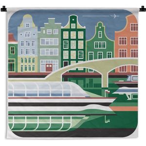Wandkleed Amsterdam illustratie - Illustratie van Amsterdam met groene tinten Wandkleed katoen 60x60 cm - Wandtapijt met foto
