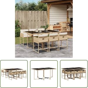 The Living Store 7-delige Tuinset met kussens poly rattan beige - Tuinset - Buitenmeubel - Eetkamer Set - Lounge Set - Patio Set