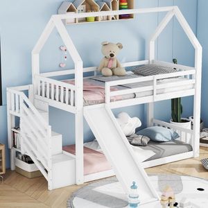 Stapelbed met Opbergtrap en Glijbaan voor Kinderen - Wit 90x200 cm