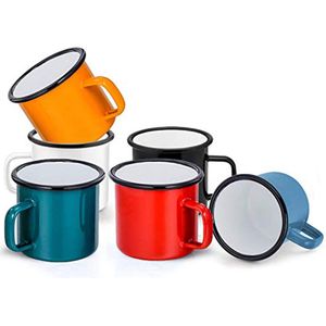 Set van 6 zwart-wit-blauw-rood-groen-geel emaille mokken - ideaal voor thuis, kantoor, reizen, camping - herbruikbaar en draagbaar - 350 ml