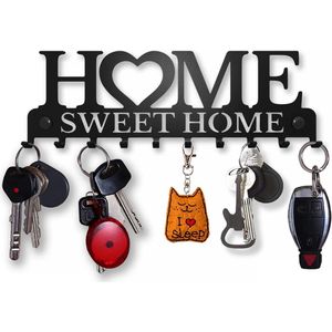 Sleutelrek Home Sweet Home, sleutelbord, zwart met 10 haken, sleutelhouder, modern, sleutelhouder, muur, muurdecoratie, hal, metalen decoratie