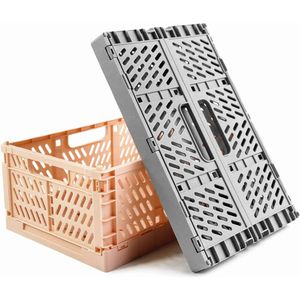 Pack of 2 Folding Boxes, Plastic Folding Basket, Foldable Storage Basket, Sturdy Folding Boxes, Storage Boxes for Kitchen, Bedroom, Study (Pink+Grey, 30 x 20 x 12 cm)