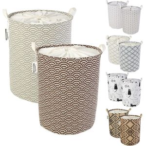 Opvouwbare wasmand met trekkoord - waterdicht - 2 stuks - rond - katoen/linnen - 45 cm