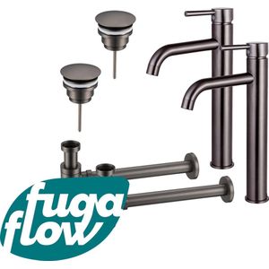 FugaFlow Eccelente Sobrado Badkamer Wastafelkraanset - voor dubbele wastafel - verhoogde wastafelkraan - always open plug - verlaagde design sifon - PVD Gepolijst Gunmetal
