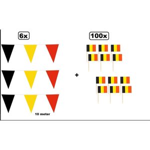 6x Vlaggenlijn Belgie 10 meter + 100x cocktailprikker Belgie - Thema feest Belgium EK voetbal Party verjaardag fun