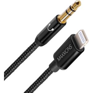 Maxxions Kabel geschikt voor Apple iPhone 6 t/m 16 - MFi-gecertificeerd - 1.2 m/120 cm - Aux Kabel Auto - Zwart - Geschikt voor Lightning naar Jack (3.5 mm)