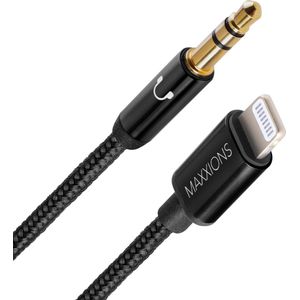 Maxxions Kabel geschikt voor Apple iPhone 6 t/m 14 - MFi-gecertificeerd - 1.2 m/120 cm - Aux Kabel Auto - Zwart - Geschikt voor Lightning naar Jack (3.5 mm)