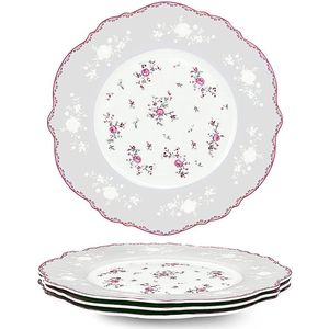 Set van 4 dessertplanken van Porselein, diameter 208 mm, ontbijtborden met gouden rand, roze bloemen, servies voor Kerstmis, cadeau en huishouden